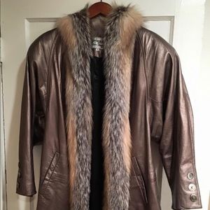 Designer metallic tope leather coat with fox trim